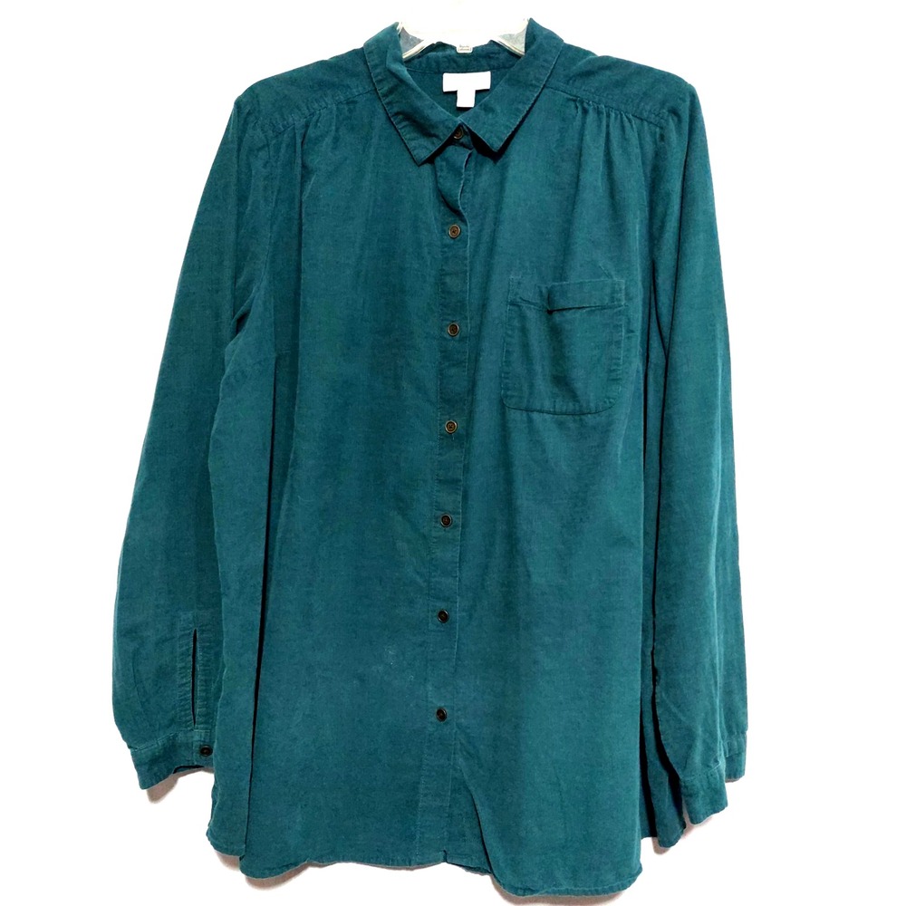 J Jill Womens Large Tall Corduroy Shirt Teal Long Cuff Sleeves Collar Pocket